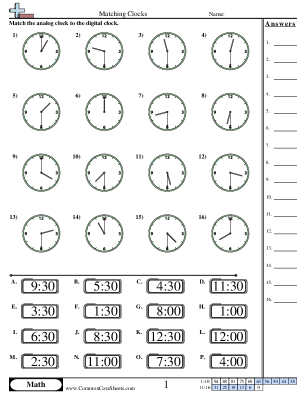 Matching Clocks (Half Hour Increments) worksheet